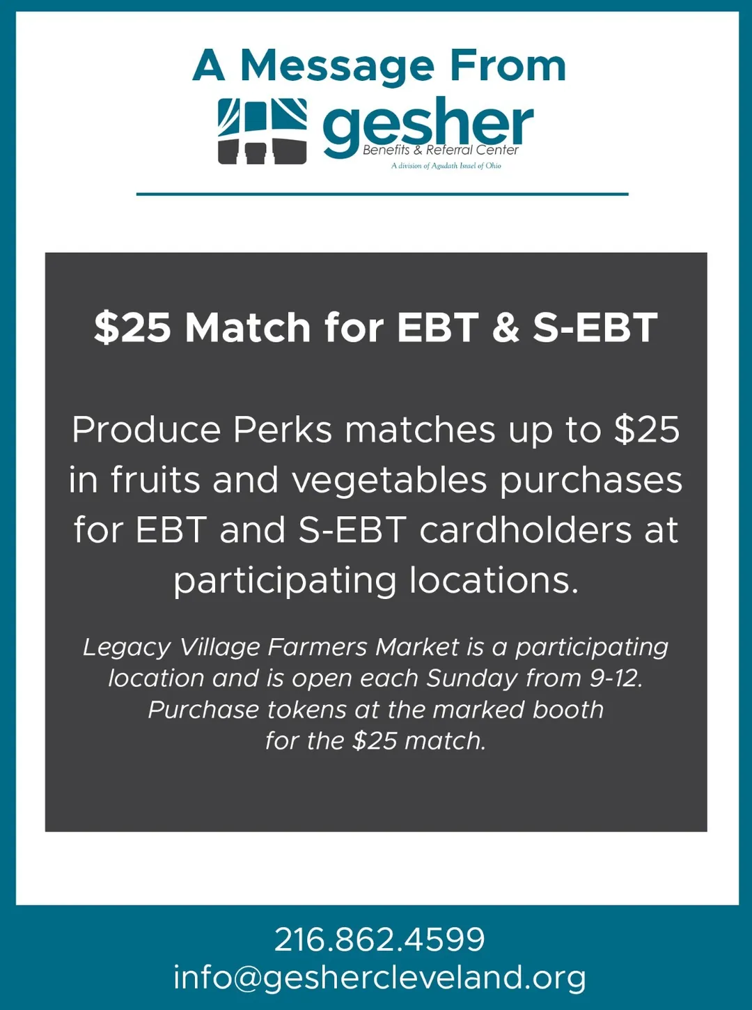 $25 produce match for EBT & S-EBT cardholders at participating markets