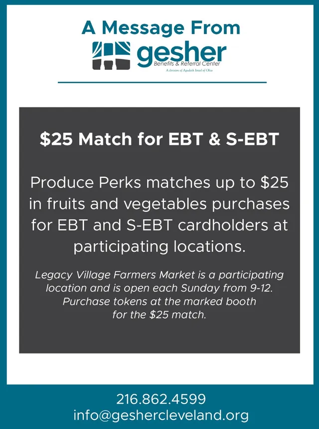 $25 produce match for EBT & S-EBT cardholders at participating markets
